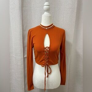 Fashion Nova Women’s Rust Lace-Up Crop Top ribbed knit, Y2K boho Festival
